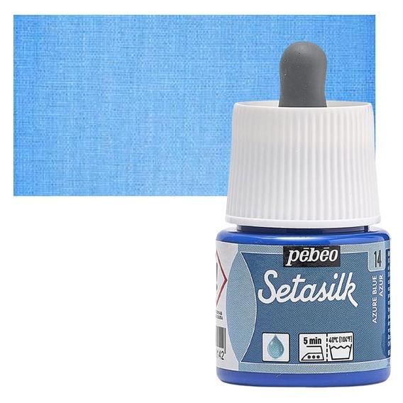 PEBEO SETASILK PAINT - 45 ML BOTTLE - AZURE BLUE (14)Setasilk is used as traditional colour and works on all type of silk. These are water-based, vivid and intense for painting on silk. Suitable for all traditional silk painting technique and are fixed simply by Ironing. The range includes 19 colours with a dropper nozzle that can be mixed or used directly from bottle to obtain bright refined tones.Azure Blue - 45 ML; Bright and intense heat-fixable and transparent colours; Use on all types of silk like twill, pongé, crêpe de Chine, crêpe georgette and damask silk.