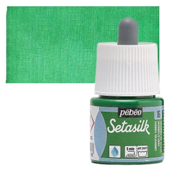 PEBEO SETASILK PAINT - 45 ML BOTTLE - ORIENTAL GREEN (16)Setasilk is used as traditional colour and works on all type of silk. These are water-based, vivid and intense for painting on silk. Suitable for all traditional silk painting technique and are fixed simply by Ironing. The range includes 19 colours with a dropper nozzle that can be mixed or used directly from bottle to obtain bright refined tones.Oriental Green - 45 ML; Bright and intense heat-fixable and transparent colours; Use on all types of silk like twill, pongé, crêpe de Chine, crêpe georgette and damask silk.