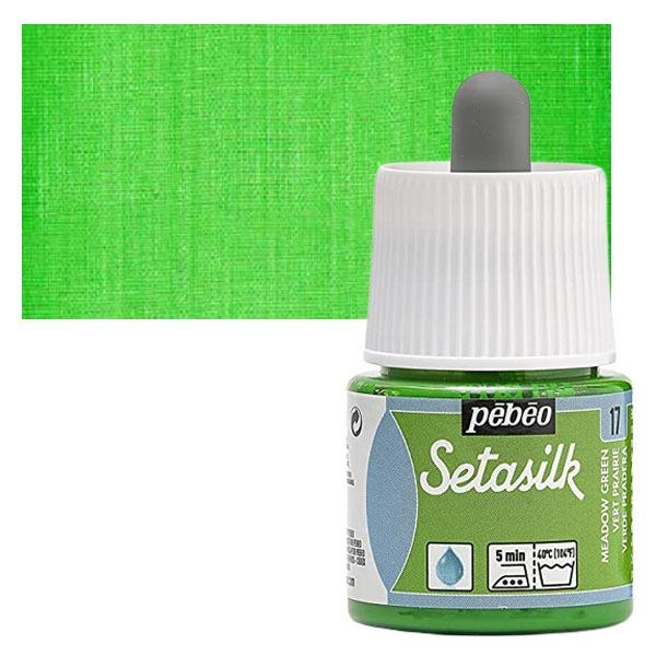PEBEO SETASILK PAINT - 45 ML BOTTLE - MEADOW GREEN (17)Setasilk is used as traditional colour and works on all type of silk. These are water-based, vivid and intense for painting on silk. Suitable for all traditional silk painting technique and are fixed simply by Ironing. The range includes 19 colours with a dropper nozzle that can be mixed or used directly from bottle to obtain bright refined tones.Meadow Green - 45 ML; Bright and intense heat-fixable and transparent colours; Use on all types of silk like twill, pongé, crêpe de Chine, crêpe georgette and damask silk.