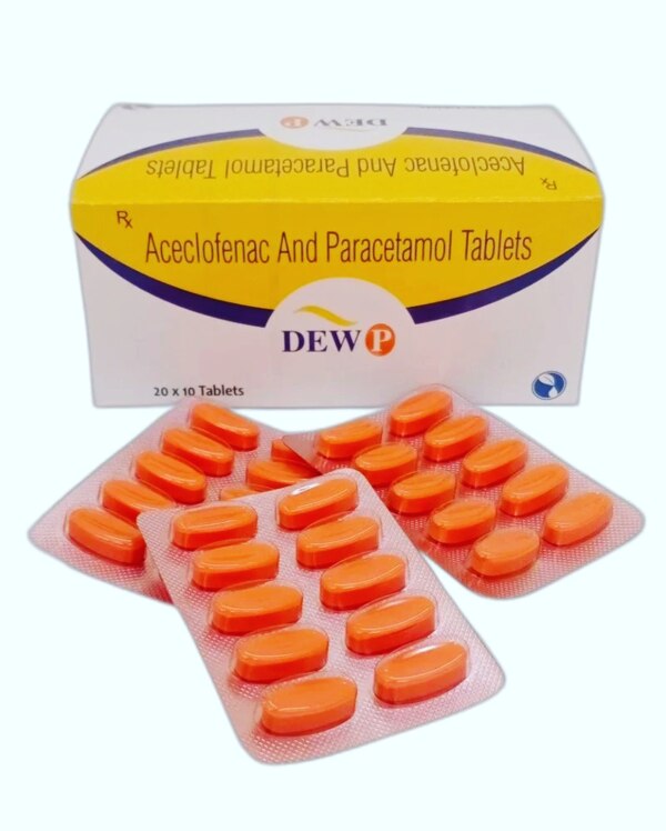 DEW-P {Aceclofenac and Paracetamol Tablets} are a powerful combination medicine formulated to provide effective relief from pain, inflammation, and fever. This dual-action therapy combines Aceclofenac, a non-steroidal anti-inflammatory drug (NSAID) that reduces inflammation and stiffness in joints and muscles, with Paracetamol, a well-known analgesic and antipyretic that helps lower fever and relieves pain quickly.*These tablets are widely prescribed for conditions such as osteoarthritis, rheumatoid arthritis, ankylosing spondylitis, muscle pain, backache, headache, toothache, and post-operative pain. By addressing both pain and inflammation, they ensure faster recovery and improved mobility.*Safe and effective when used under medical supervision, Aceclofenac and Paracetamol Tablets are best taken after meals to reduce gastric irritation. They should be used only as directed by a healthcare professional to avoid unwanted side effects.