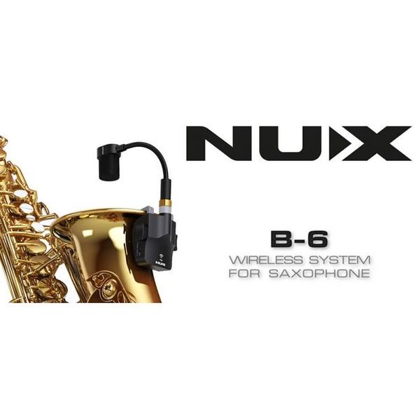 Small Gadget, Big StepsThe NUX B-6 wireless system allows the Saxophone players to move freely on stage without being tethered to a microphone stand. With an operation range of 20 meters, the NUX B-6 wireless system for Saxophone can significantly improve your performance convenience.High-Resolution AudioThere are no compromises when it comes to audio quality. NUX B-6 delivers professional, high-resolution 24-bit/44.1kHz audio, and the frequency response range is 20Hz – 20kHz.Unique Patent-Pending Gooseneck MicrophoneTo avoid unwanted resonance and key clack sound, our engineers developed a unique Patent-pending Shock- absorbing structure to team up with the custom tuned electret condenser microphone to provide best-in-class audio.Flexible ClampThe transmitter of NUX B-6 comes with a flexible yet sturdy rubber-wrapped clamp mechanism. It can be attached to the bell of different types of Saxophones firmly.3 Dedicated ModesThe NUX B-6 wireless system for Saxophones has three dedicated modes. Each mode comes with an optimal EQ curve for the Soprano Saxophone, the Alto Saxophone and the Tenor Saxophone. To switch among different modes, simply press the POWER/SCENE button on the transmitter.A Storage Case That ChargesInherited from the NUX B-5RC, the NUX B-6 wireless system for Saxophone also comes with a storage case that can charge both the transmitter and receiver simultaneously, provides up to 15 hours of extra battery life.Humanized Operation DesignThe soft rubber clip that can be operated with one hand brings convenience to theplayer when holding the instrument.What's In The Box?• Storge Case*1 • Gooseneck • Microphone *1 • Transmitter*1 • Receiver*1 • Dual Pin USB Type-C Charging CableFeatured Video