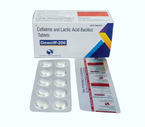 Dewciff-200 is an antibiotic and probiotic combination.Cefixime is a third-generation cephalosporin antibiotic that works by stopping the growth of harmful bacteria responsible for infections.Lactic Acid Bacillus is a probiotic that restores healthy intestinal bacteria and reduces antibiotic-associated diarrhea or stomach upset.