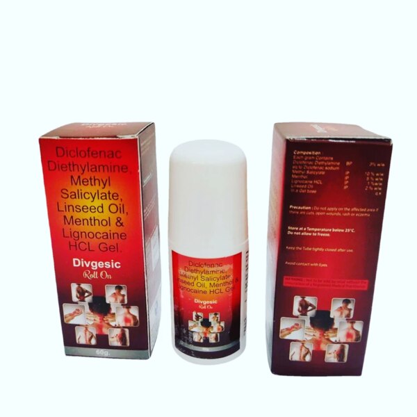Description:-Divgesic Roll-On Gel is a topical pain relief formulation containing Diclofenac Diethylamine, Methyl Salicylate, Linseed Oil, Menthol, and Lignocaine HCL. It is designed to provide fast and effective relief from muscular pain, joint pain, sprains, backache, and stiffness. The roll-on applicator ensures easy application directly on the affected area, offering a cooling effect followed by deep penetration to reduce inflammation, swelling, and discomfort. Suitable for external use, it helps in soothing pain and improving mobility in conditions like arthritis, sports injuries, and everyday body aches.