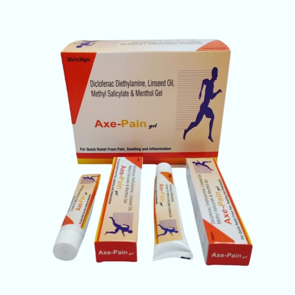 Description:-Axe-Pain Gel is a topical pain relief formulation containing Diclofenac Diethylamine, Linseed Oil, Methyl Salicylate, and Menthol. It is specially designed for quick relief from pain, swelling, and inflammation. The combination of active ingredients provides an effective solution for muscular pain, joint pain, sprains, strains, back pain, and sports injuries. This gel is easy to apply, non-greasy, and penetrates quickly into the skin to deliver fast-acting relief, making it ideal for everyday aches and sports-related pains.