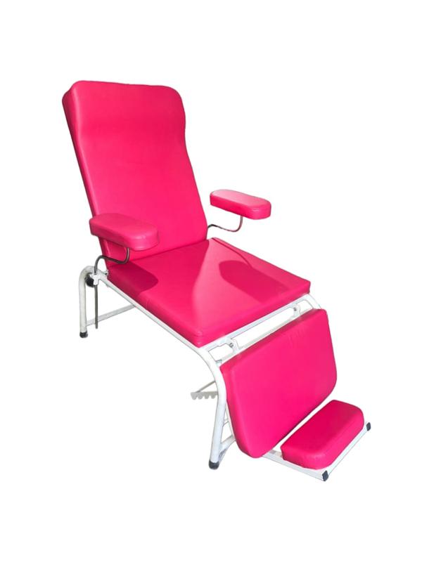 Frame: Heavy-duty tubular M.S. frame with epoxy powder-coated finish for durability.Upholstery: High-density foam cushioned seat, backrest, and armrests, covered with washable, easy-to-clean leatherette/fabric.Backrest: Adjustable manually with lever/ratchet system for reclining position.Leg Rest: Manually adjustable to provide comfort during donation.Armrests: Padded, adjustable, and rotatable armrests to support donor’s arms during blood collection.Chair Position: Can be set in upright, reclining, and near-flat positions.Stability: Non-slip rubber stumps/legs for firm grip on the floor.Dimensions (approx.):Length: 165–175 cmWidth: 55–65 cmHeight: 50–60 cmLoad Capacity: Designed to safely carry patient weight up to 120–150 kg.Finish: Smooth surface, corrosion-resistant, easy to clean and disinfect.Hospital Furniture Manufacturer in India/Gurgaon/Delhi NCRBest Medical furniture supplier/Manufacture in Gurgaon/Delhi NCRHospital Medical Equipments supplier/Manufacture in Gurgaon/Delhi NCR