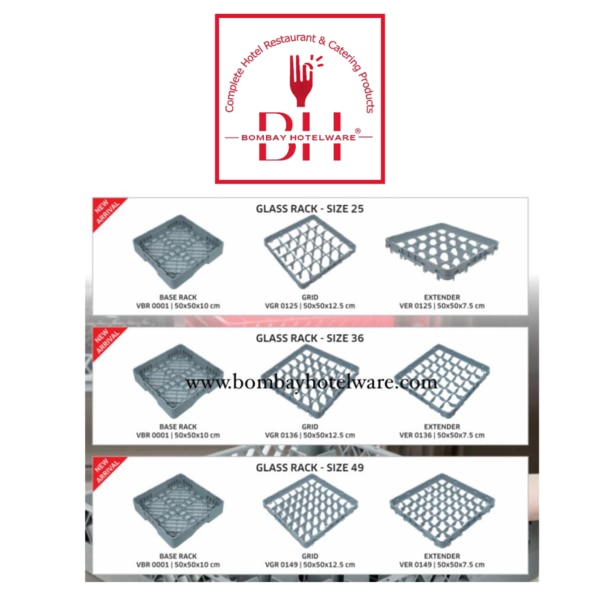 Premium-quality Glass Rack with Extender designed for safe storage, transportation, and washing of glassware in commercial kitchens, restaurants, hotels, and catering services.Made from 100% post-industrial polypropylene, this eco-friendly rack is chemical, impact, and heat-resistant (up to 180°F for 30 minutes). The open-profile design ensures complete washing and fast air-drying, while wire handles allow easy handling and compact storage. Perfect for heavy-duty use in dishwashers and freezers.Key Features:Material: Polypropylene, post-industrial plastic (eco-friendly)Color: GreyDimensions (LxWxH): 19.5 x 19.5 x 4 inchesCapacity: Options available in 25, 36, 49 CompartmentsWeight: Approx. 1500 gmShape: SquareDishwasher Safe: YesBreak Resistant: YesFreezer Safe: YesUsage: Glass Storage, Transportation, and ServiceType: RackCountry of Origin: 100% Made in IndiaPackage Contents: 1 SetApplications:Perfect for hotels, restaurants, catering services, bars, and commercial kitchens for safe glassware handling and organization.Tags:Glass Storage Rack, Glass Transportation Rack, Glass Rack with Extender, Commercial Glass Rack, Bar Glass Storage Rack, Restaurant Glass Organizer, Dishwashing Rack, Heavy Duty Glass Rack, Hotel Kitchen Equipment, Catering Glass Storage