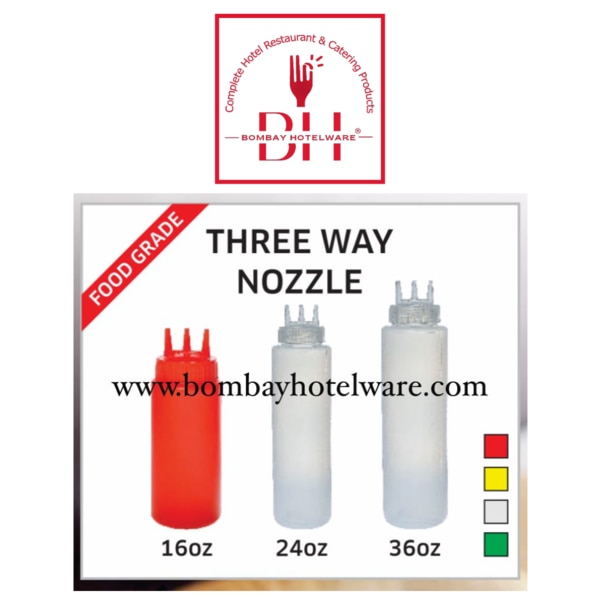 Premium 3 Nozzle Squeeze Bottle made from durable HDPE plastic, designed for easy dispensing of sauces, condiments, oils, and dressings in restaurants, hotels, and commercial kitchens. The triple-nozzle design ensures faster and controlled pouring, making it ideal for professional and home use.Key Features:Material: HDPE PlasticCapacity Options: 16oz, 24oz, 36ozNumber of Nozzles: 3Color: WhiteUsage: Dispensing sauces, ketchup, mustard, curry, BBQ sauces, and morePerfect For: Condiments like olive oil, mayo, soy sauce, salad dressings, pancake mix, syrup, and moreType: Multi-Nozzle Squeeze BottleCountry of Origin: 100% Made in IndiaPackage Contents: 1 PieceApplications:Ideal for restaurants, cafes, food trucks, catering services, and home kitchens for quick and hygienic sauce dispensing.Tags:3 Nozzle Sauce Bottle, HDPE Squeeze Bottle, Multi Nozzle Condiment Dispenser, Commercial Sauce Bottle, Restaurant Squeeze Bottle, Oil and Sauce Dispenser, Hotel Kitchen Equipment, Catering Condiment Bottle, BBQ Sauce Squeeze Bottle, Plastic Sauce Bottle