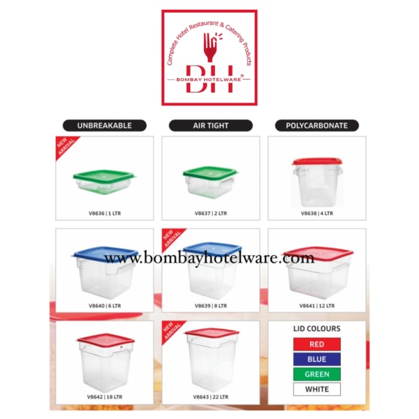 Note: Price mentioned is MRP – final price is negotiable on bulk orders or inquiry. Please connect with us for the best deal.P.C Square Storage Containers | 1L to 22LDescription:The P.C Square Storage Containers are premium Polycarbonate Square Storage containers, designed for professional kitchens, hotels, and restaurants. Made with clear, ultra-durable Camwear plastic, these containers ensure maximum visibility, durability, and efficient food storage. Pair them with color-coded Seal Covers and optional drain shelves for better freshness, organization, and easy stacking.Key Features:Capacity Options: 1L, 2L, 4L, 6L, 8L, 12L, 18L, 22LMaterial: High-impact Clear Camwear for strength and visibilityTemperature Range: –40°F to 210°F (–40°C to 99°C) for versatile useDesign & Handling: Molded-in, recessed handles with textured gripPouring: Curved corners for controlled, four-sided pouringMeasurement: Bold graduations for easy inventory managementStacking: Space-saving square design for secure stackingCompatibility: Fits Seal Covers and drain shelves for extended freshnessMaintenance: NSF Listed, dishwasher safe, easy to cleanOrigin: 100% Made in IndiaApplications:Ideal for hotels, restaurants, catering businesses, bakeries, cloud kitchens, and bulk storage. Perfect for keeping ingredients fresh, organized, and accessible.Tags:P.C Square Storage Containers, Commercial Kitchen Storage Boxes, Restaurant Food Storage Containers, Clear Plastic Storage Bins, NSF Certified Food Containers India, Heavy Duty Hotel Kitchen Equipment, Square Ingredient Storage Containers, Professional Kitchen Storage Solutions