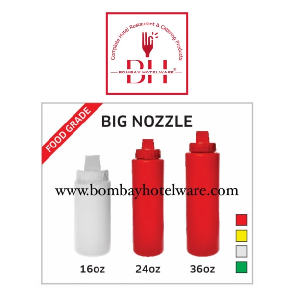 Please Note: The price listed is MRP; the actual price is negotiable; we deal in wholesale quantities. For bulk orders or inquiries , contact us directly to get the best price. Flat/Big Nozzle Sauce Bottle is designed for fast and efficient sauce dispensing, featuring a wide 2.5 cm flat nozzle that covers a large surface area in a single squeeze. Available in 16oz (475 ml), 24oz (700 ml), and 36oz (1065 ml) capacities, these bottles are perfect for restaurants, cafes, fast-food outlets, and home kitchens to reduce refill frequency and ensure smooth service.Ideal for dispensing ketchup, cheese sauces, mayonnaise, chocolate syrup, pancake mix, and other condiments, this durable, food-grade squeeze bottle is a must-have for both commercial and home kitchens.Key Features:Material: High-Quality, Food-Grade PlasticNozzle: Extra-Wide 2.5 cm Flat Mouth for Quick & Even CoverageCapacity Options: 16oz (475 ml)Design: Easy Squeeze, Leak-Proof & RefillableUsage: Perfect for Ketchup, Cheese, Chocolate Sauce, Mayonnaise, Syrups & MoreApplications: Restaurants, Cafes, Food Trucks, Fast-Food Outlets, Homes, Commercial KitchensDurability: Lightweight, Break-Resistant, and Dishwasher-SafeCountry of Origin: Made in IndiaApplications:Best for busy kitchens, sandwich counters, burger joints, ice cream parlors, and cafes for quick serving and topping needs.Tags:Flat Nozzle Sauce Bottle India, Wide Mouth Condiment Dispenser, 16oz 24oz 36oz Sauce Bottle, Ketchup and Cheese Dispenser, Commercial Sauce Squeeze Bottle, Food Grade Plastic Sauce Bottle, Wide Nozzle Topping Bottle, Hotelware Kitchen Accessories