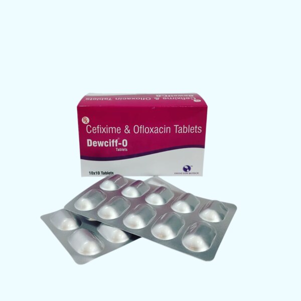 Dewciff-O Tablets is a broad-spectrum antibiotic medicine that contains Cefixime and Ofloxacin as active ingredients. This powerful combination works effectively against a wide range of bacterial infections. Cefixime, a cephalosporin antibiotic, stops the growth of bacteria, while Ofloxacin, a fluoroquinolone antibiotic, kills bacteria by preventing their multiplication. Together, they provide strong protection against infections of the respiratory tract, urinary tract, gastrointestinal system, ear, nose, throat, skin, and soft tissues.This medicine is available in 10x10 blister packing and is manufactured by Divine Dew Biotech. It should be taken strictly under medical supervision and only as prescribed by a registered healthcare professional.