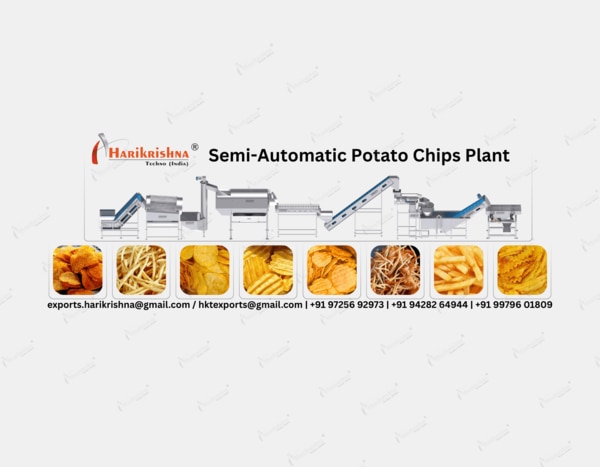 At Harikrishna Techno India, we understand that a perfect potato chip is a blend of quality ingredients and precision engineering. Our potato chips plants, available in fully and semi-automatic models, are meticulously designed to help you produce consistently delicious, crispy potato chips at a commercial scale.We offer production capacities of 200 kg/hr, 300 kg/hr, and 500 kg/hr—providing the perfect solution whether you are a growing enterprise or a large-scale manufacturer.The Fully-Automatic Potato Chips PlantFor businesses seeking maximum efficiency, minimal labor, and consistent output, our fully automatic plant is the ultimate solution. This integrated system automates the entire process, from raw potato to packaged chips, ensuring a smooth, continuous production flow.Key Features:    Start-to-Finish Automation: The line handles every step automatically, including washing, peeling, slicing, blanching, de-watering, continuous frying, de-oiling, seasoning, and packaging.    Precision Control: Advanced control systems allow for real-time monitoring of temperature, slicing thickness, and frying time, guaranteeing uniform quality and texture in every batch.    High Efficiency: Drastically reduce labor costs and increase your production speed. Our fully automatic plants are engineered for high-volume output with minimal human intervention.    Reduced Oil Consumption: The continuous frying and de-oiling process is highly optimized to minimize oil absorption, resulting in a lighter, healthier chip and significant cost savings.    Capacities: Available in 200 kg/hr, 300 kg/hr, and 500 kg/hr.