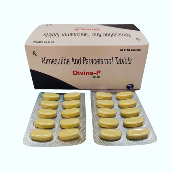 DescriptionDivine-P Tablets are a combination medicine containing Nimesulide and Paracetamol. This formulation is widely used for its analgesic (pain-relieving), antipyretic (fever-reducing), and anti-inflammatory properties.Nimesulide works as a non-steroidal anti-inflammatory drug (NSAID), helping to reduce swelling, inflammation, and pain.Paracetamol is an effective antipyretic and analgesic that lowers fever and relieves mild to moderate pain.Together, they provide fast and long-lasting relief from pain, fever, and inflammation associated with conditions such as headache, toothache, arthritis, muscle pain, joint stiffness, and fever due to infections.