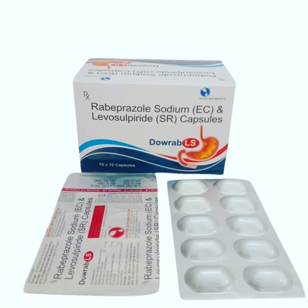 Dowrab LS is a combination medication that contains Rabeprazole Sodium, a proton pump inhibitor (PPI), and Levosulpiride, a prokinetic agent. This combination is primarily prescribed for the management of gastroesophageal reflux disease (GERD), acid reflux, heartburn, dyspepsia, and other gastrointestinal conditions associated with excess stomach acid and delayed gastric emptying.Rabeprazole works by reducing the production of stomach acid, providing relief from acid-related irritation, while Levosulpiride enhances gastric motility, ensuring proper movement of food through the digestive tract.This dual action helps in relieving symptoms like bloating, acidity, nausea, epigastric pain, and
