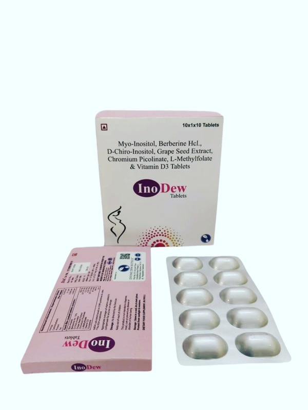 INODEW Tablets are a nutritional supplement formulated to support women’s reproductive health, particularly in conditions like Polycystic Ovary Syndrome (PCOS), hormonal imbalance, and infertility issues. It combines essential vitamins, minerals, antioxidants, and herbal extracts to promote metabolic health, regulate hormones, and improve overall well-being.