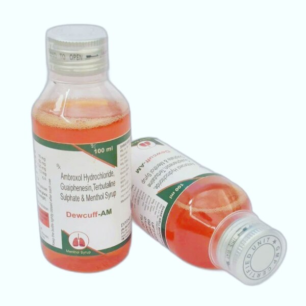 DEWCUFF-AM Syrup is a combination medicine containing Ambroxol Hydrochloride, Guaiphenesin, Terbutaline Sulphate, and Menthol. It is mainly used to relieve symptoms of cough, cold, and respiratory tract disorders associated with mucus, chest congestion, and breathing difficulty.