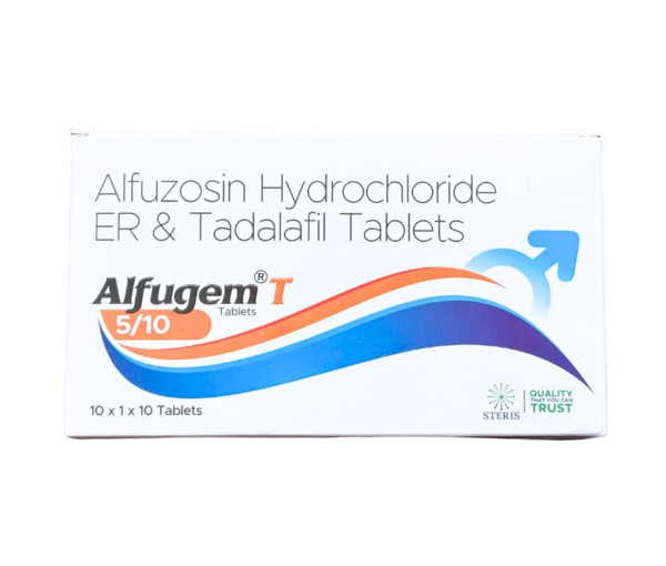 ALFUGEM T 5/10 is a uniquely formulated combination of Alfuzosin Hydrochloride ER and Tadalafil, created to manage two common male health concerns—benign prostatic hyperplasia (BPH) and erectile dysfunction (ED). This dual-benefit tablet not only helps relieve urinary symptoms caused by an enlarged prostate but also enhances sexual performance by improving blood flow to penile tissues.Alfuzosin, an alpha-1 adrenergic blocker, works by relaxing the smooth muscles of the prostate and bladder neck, allowing for easier urine flow. On the other hand, Tadalafil, a PDE5 inhibitor, relaxes blood vessels and supports better erections during sexual activity. Together, they offer a holistic treatment option for men dealing with both prostate-related urinary difficulties and sexual health concerns.Uses of ALFUGEM T 5/10Benign Prostatic Hyperplasia (BPH): Eases urinary issues such as weak stream, frequent urination, incomplete bladder emptying, and difficulty initiating urination.Erectile Dysfunction (ED): Improves erectile quality and sexual satisfaction.Dual Therapy: Provides relief for men suffering from both BPH and ED, minimizing the need for multiple medications.Enhanced Quality of Life: Restores comfort, confidence, and overall wellness by improving both urinary and sexual functions.Side Effects of ALFUGEM T 5/10Like most medications, ALFUGEM T 5/10 may cause side effects, usually mild and temporary as the body adapts to treatment.Common side effects include:HeadacheDizziness or lightheadednessNasal congestionBack painFlushingLess common but serious side effects:Sudden low blood pressure (hypotension)Severe dizziness or faintingProlonged, painful erections (priapism – requires urgent care)Vision or hearing disturbancesAllergic reactions (rash, itching, facial/lip/throat swelling)Precautions Before UseHeart Problems: Patients with recent heart attack, stroke, or serious heart disease should only use under strict medical advice.Blood Pressure: May lower blood pressure—avoid combining with other strong antihypertensives unless prescribed.Nitrate Warning: Must not be used with nitrate medications (for chest pain/angina) due to risk of severe hypotension.Liver or Kidney Impairment: Dose adjustments may be needed.Alertness: Can cause dizziness—avoid driving or operating heavy machinery until you know your body’s response.Drug InteractionsALFUGEM T 5/10 may interact with other medicines:Nitrates (Nitroglycerin, Isosorbide): Can lead to life-threatening hypotension.Antihypertensives: May intensify blood pressure-lowering effects.Other PDE5 inhibitors (Sildenafil, Vardenafil): Should not be combined.Strong CYP3A4 inhibitors (e.g., Ketoconazole, Ritonavir): May increase Alfuzosin or Tadalafil levels.Alcohol: Increases dizziness and risk of low blood pressure.ConclusionALFUGEM T 5/10 (Alfuzosin Hydrochloride ER & Tadalafil Tablets) is a comprehensive dual-action therapy designed for men experiencing both urinary issues due to BPH and sexual challenges related to ED. By combining an effective alpha-blocker with a proven PDE5 inhibitor, it provides relief from urinary discomfort while restoring erectile performance and confidence.With proper medical guidance, ALFUGEM T 5/10 can greatly improve overall quality of life, making it a reliable option for men seeking urological and sexual wellness in a single solution.