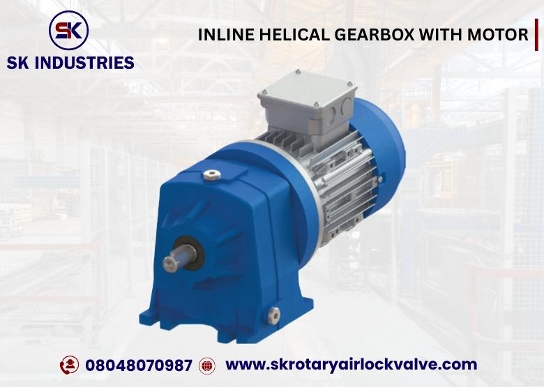 Lnline Helical Gearbox With Motor Manufacturers in Ahmedabad, Gujarat, India.When it comes to industrial machinery, efficiency and reliability are non-negotiable. SK Industries introduces the Inline Helical Gearbox With Motor, a product engineered with precision to meet the toughest industrial demands. Designed with advanced technology and tested for superior output, this gearbox is the trusted choice of industry professionals.Technical Specifications• Power (HP): 0.5, 0.75, 1, 1.5, 2, 3, 5• Output RPM: 36 – 400 RPM• Models Available: SK 102, SK 128, SK 142, SK 162• Applications: Rotary Airlock Valve, Conveyor Systems, Packaging Units, Crane Trolley & moreEvery model is tested under strict quality standards to ensure that performance remains consistent even under heavy-duty operations.Precision Engineering with Tested PerformanceAt SK Industries, quality is not just a promise—it’s a standard. The Inline Helical Gearbox With Motor undergoes rigorous performance testing to deliver stable torque, energy efficiency, and minimal maintenance requirements. Its superior metallurgy and high-grade Pump M.O.C. components enhance durability, ensuring resistance to wear and tear in demanding environments.Designed for Industry ProfessionalsWhether you are running a packaging unit or handling heavy conveyor systems, this gearbox is built with professionals in mind. It eliminates unnecessary downtime and maximizes productivity—making it the ideal partner for industries where operational efficiency is key.Where Can It Be Used?The versatility of the Inline Helical Gearbox With Motor makes it suitable for multiple industries:• Rotary Airlock Valves – ensuring smooth and controlled material flow.• Conveyor Systems – delivering consistent speed and torque.• Packaging Machines – boosting accuracy and efficiency in production lines.• Crane Trolleys – supporting heavy lifting with precision control.Its adaptability and robust build make it a must-have for modern industrial setups.Your Trusted Partner in MotionAt SK Industries, we don’t just provide gearboxes—we deliver trust and reliability. The Inline Helical Gearbox With Motor is more than a product; it’s your partner in achieving seamless industrial operations.Call to ActionUpgrade your machinery with SK Industries’ Inline Helical Gearbox With Motor today.📞 Contact us now to discuss your requirements and get the perfect gearbox solution tailored for your industry needs.