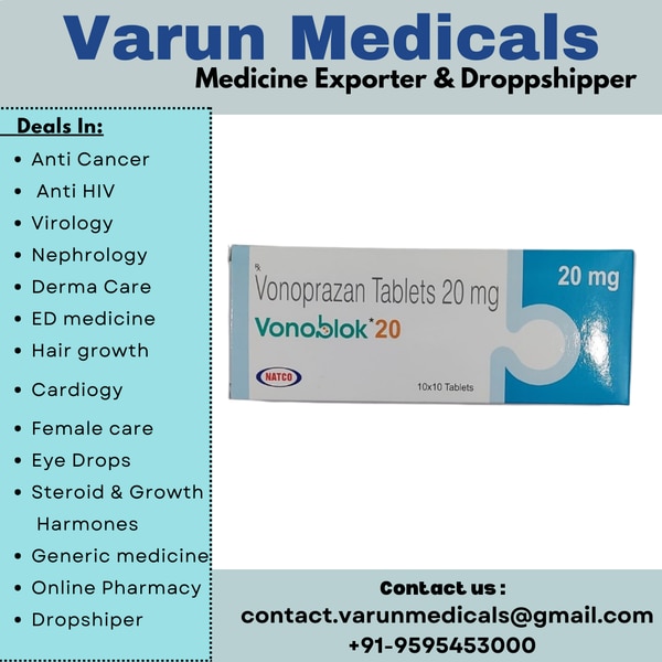 Vonoblok 20 mg Tablets is a medication used to treat stomach ulcers and gastroesophageal reflux disease (GERD). It works by blocking the proton pumps in the stomach lining that produce acid. By reducing the amount of acid, it helps to heal ulcers and alleviate symptoms of GERD, such as heartburn and acid reflux.