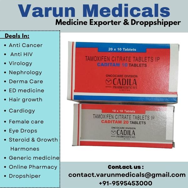 Caditam 10 mg/ 20 mg Tablet is an anti-estrogens. It is used in the treatment of breast cancer. It is also used to reduce the risk of breast cancer in pre- and postmenopausal women with a high risk. This medicine helps to slow down the growth and multiplication of cancer cells.