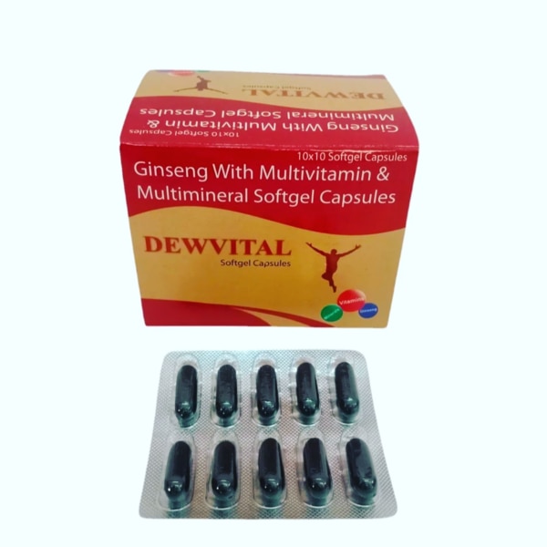 Dewvital Softgel Capsules are a health supplement formulated with Ginseng, Multivitamins, and Multiminerals. These capsules are designed to enhance energy, boost immunity, improve physical and mental performance, and support overall well-being.Ginseng is known for its rejuvenating and anti-fatigue properties, while the blend of essential vitamins and minerals helps maintain vital body functions, reduce weakness, and prevent nutritional deficiencies.