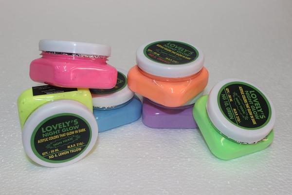 Lovely Night Glow Acrylic Colors ( 50 ml Each )Available Shade :- Lemon Yellow, violet, Pink, Green, Blue & Orange.Acrylic Colours that GLOW IN DARK and remain in their smooth actual colour when in light.Prefect results on a light coloured or white base. Can be used on all surfaces like Canvas, Fabric, Wall, Clay, Terracotta, etc....!!!Their tendency is to absorb light first and then release the absorbed energy by glowing when in dark. The more the painted surface will be in light, the more it will glow and for a longer time.
