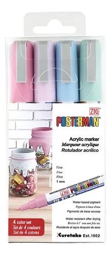 Zig Posterman Fine Paint Markers/Pastel 4 Color SETZIG Posterman chalk markers are effective on surfaces such as glass, plastic, metal, wood and stone. These markers are opaque, lightfast and produce a chalk look without a mess.Water resistant after drying / Suitable for various surfaces / Erasable from non porous surfaces using ZIG POSTERMAN CLEANER (Item No.PMACL-50) TIP SIZE: 1 mm.Waterbased pigment.Made In JAPAN
