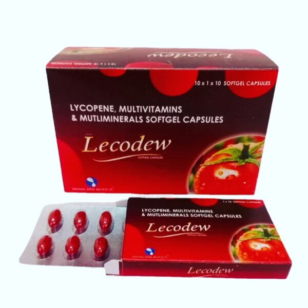Lecodew Softgel Capsules are a health supplement formulated with Lycopene, Multivitamins, and Multiminerals. Lycopene is a powerful antioxidant derived from tomatoes, which helps protect cells from oxidative stress and supports overall wellness. The added multivitamins and minerals provide essential nutrients required for maintaining good health, boosting energy levels, and improving immunity.This combination works to support heart health, improve skin texture, enhance vision, and provide protection against harmful free radicals. It is especially beneficial for individuals with vitamin and mineral deficiencies, low immunity, or those requiring additional nutritional support.