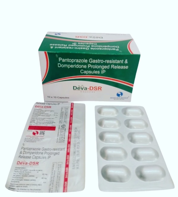 DEVA-DSR is a combination medication containing Pantoprazole (40 mg) and Domperidone (30 mg). Pantoprazole is a proton pump inhibitor (PPI) that reduces excess stomach acid, while Domperidone is a dopamine antagonist that improves stomach motility and prevents nausea and vomiting. Together, they help in treating acid-related disorders effectively.