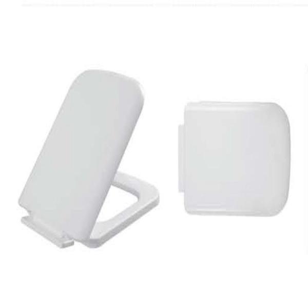 A rectangle-shapeda toilet seat accessory featuring a soft-close mechanism that controls the lowering of the lid and seat. Unlike conventional seats that can slam shut, the hydraulic hinges use a slow, controlled descent, ensuring a quiet and gentle closing action. This rectangular variant is specifically designed for rectangular or square European-style commodes