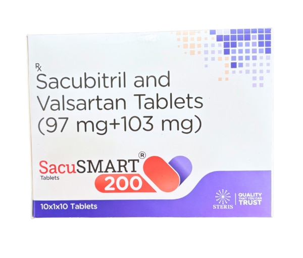 Description: SACUSMART 200 is a combination medicine containing Sacubitril (97 mg) and Valsartan (103 mg), specifically designed to manage chronic heart failure with reduced ejection fraction (HFrEF). This dual-acting therapy is classified as an angiotensin receptor neprilysin inhibitor (ARNI) and is widely prescribed to reduce the risk of cardiovascular death and hospitalization in patients with heart failure.Heart failure is a progressive condition where the heart cannot pump blood efficiently to meet the body’s needs. SACUSMART 200 improves the efficiency of the heart by relaxing blood vessels, reducing fluid retention, and lowering strain on the heart, helping patients live a better and longer life. What is SACUSMART 200? SACUSMART 200 is a highly effective heart failure medication that combines two active components:Sacubitril (97 mg) – a neprilysin inhibitor that increases levels of natriuretic peptides, leading to vasodilation, sodium excretion, and reduced stress on the heart.Valsartan (103 mg) – an angiotensin II receptor blocker (ARB) that relaxes blood vessels, lowers blood pressure, and prevents harmful effects of angiotensin II.Together, these mechanisms make SACUSMART 200 a superior alternative to traditional ACE inhibitors or ARBs alone in treating chronic heart failure. Uses of SACUSMART 200 SACUSMART 200 is prescribed for:Chronic heart failure with reduced ejection fraction (HFrEF)Reducing risk of hospitalization due to worsening heart failureImproving survival rates in patients with heart failureEnhancing exercise tolerance and quality of life in long-term heart failure management Benefits of SACUSMART 200 Dual action with neprilysin inhibition + ARB effect for comprehensive heart protectionProven to reduce mortality and hospitalization risk in heart failure patientsImproves symptoms such as breathlessness, fatigue, and swellingHelps patients regain better physical stamina and daily activity levelsLong-term use significantly contributes to improved quality of life Possible Side Effects of SACUSMART 200 While SACUSMART 200 is effective and generally well tolerated, some patients may experience:Low blood pressure (hypotension)Increased blood potassium levels (hyperkalemia)Dizziness or light-headednessKidney function changesCoughRarely, serious allergic reactions or angioedema (swelling of face, lips, or throat)Immediate medical attention is required if severe swelling, difficulty breathing, or fainting occurs. Precautions Before Using SACUSMART 200 Do not use if you are allergic to sacubitril, valsartan, or other ARBsAvoid if you have taken an ACE inhibitor within the last 36 hours due to the risk of angioedemaNot recommended for patients with a history of hereditary angioedemaCaution in patients with severe kidney or liver diseasePregnant and breastfeeding women should avoid this medicine due to harmful effects on the babyAlways monitor blood pressure, kidney function, and potassium levels while on this treatment Drug Interactions SACUSMART 200 may interact with:ACE inhibitors – should not be combined, risk of angioedemaPotassium supplements or potassium-sparing diuretics – risk of high potassiumNSAIDs (e.g., ibuprofen, naproxen) – may reduce kidney functionLithium – risk of lithium toxicityDiuretics – may increase the risk of low blood pressureAlways inform your doctor about all medicines, supplements, or herbal products you are taking before starting SACUSMART 200. Conclusion SACUSMART 200 (Sacubitril 97 mg & Valsartan 103 mg) is a breakthrough treatment in managing chronic heart failure with reduced ejection fraction (HFrEF). By combining neprilysin inhibition and angiotensin receptor blockade, it not only reduces symptoms but also significantly lowers the risk of hospitalization and death, improving both longevity and quality of life.For patients living with heart failure, SACUSMART 200 offers a scientifically proven and clinically superior solution to regain control over their health and live a more fulfilling life.