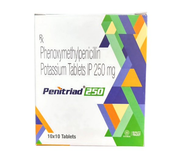 Description: PENITRIAD 250 contains Phenoxymethylpenicillin Potassium 250 mg, a trusted antibiotic from the penicillin group. It is widely used to treat a variety of bacterial infections by stopping the growth of harmful bacteria in the body. Known for its effectiveness and safety, this medicine has been prescribed for decades in both adults and children for conditions like throat infections, ear infections, skin infections, and respiratory tract infections. What is PENITRIAD 250? PENITRIAD 250 is an oral antibiotic formulation of Phenoxymethylpenicillin Potassium 250 mg, also called Penicillin V potassium. It belongs to the beta-lactam class of antibiotics, which work by interfering with the bacterial cell wall, ultimately killing the bacteria and preventing further spread of infection.Unlike some broad-spectrum antibiotics, PENITRIAD 250 is specifically effective against certain bacteria, making it a reliable treatment option for mild to moderately severe infections when used under medical guidance. Uses of PENITRIAD 250 PENITRIAD 250 is used for the treatment and prevention of:Throat and Tonsil Infections – including streptococcal pharyngitis (strep throat)Ear Infections – such as otitis media and otitis externaSkin and Soft Tissue Infections – boils, cellulitis, erysipelas, and wound infectionsRespiratory Tract Infections – bronchitis, pneumonia, and other bacterial chest infectionsDental Infections – helps prevent and treat bacterial spread after dental proceduresProphylaxis of Rheumatic Fever – prevention of recurrence in susceptible individuals Benefits of PENITRIAD 250 Trusted penicillin-based antibiotic with a long history of safetyEffective against streptococcal and staphylococcal infectionsWell-suited for children and adults in appropriate dosesAvailable in convenient oral tablet formPlays a key role in preventing rheumatic fever complications Possible Side Effects of PENITRIAD 250 Like all antibiotics, PENITRIAD 250 may cause some side effects, although not everyone experiences them. Common ones include:Nausea, vomiting, or diarrheaStomach pain or discomfortSkin rash or itchingMild allergic reactionsIn rare cases, severe allergic reactions such as anaphylaxis can occur. If you notice swelling, difficulty breathing, or severe rash, seek medical attention immediately. Precautions Before Using PENITRIAD 250 Inform your doctor if you have a history of penicillin allergy or hypersensitivityPatients with kidney problems should use this medicine cautiouslyNot recommended for viral infections such as cold or fluPregnant and breastfeeding women should consult their doctor before useComplete the full prescribed course, even if symptoms improve early, to prevent antibiotic resistance Drug Interactions PENITRIAD 250 may interact with certain medicines, including:Methotrexate – increases the risk of toxicityOral contraceptives – effectiveness may be reducedOther antibiotics such as tetracyclines – may reduce its antibacterial effectBlood-thinning agents (warfarin) – increased risk of bleedingAlways inform your healthcare provider about all medicines, supplements, or herbal remedies being taken to avoid complications. Conclusion PENITRIAD 250 – Phenoxymethylpenicillin Potassium 250 mg is a time-tested antibiotic that offers reliable treatment for a variety of bacterial infections. By targeting and eliminating harmful bacteria, it helps patients recover faster and prevents complications like rheumatic fever.When taken as prescribed and with proper medical guidance, PENITRIAD 250 provides effective relief from infections, improves patient outcomes, and promotes long-term health.