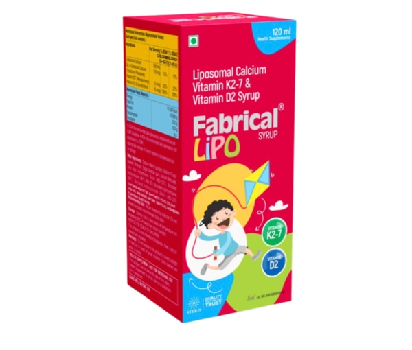 Description: FABRICAL LIPO SYRUP is a scientifically formulated nutritional supplement that combines the power of Liposomal Calcium, Vitamin K2-7, and Vitamin D2. This unique formulation is designed to support bone strength, joint health, cardiovascular wellness, and overall immunity. The use of liposomal technology enhances absorption and bioavailability, ensuring that the body receives the maximum benefit from each nutrient.Calcium is essential for strong bones and teeth, Vitamin D2 improves calcium absorption, while Vitamin K2-7 directs calcium to bones and prevents it from depositing in arteries. Together, these nutrients provide a synergistic effect that goes beyond regular calcium supplements. Uses of FABRICAL LIPO SYRUP FABRICAL LIPO SYRUP has multiple health benefits and is widely recommended for:Bone Health – Helps in preventing osteoporosis, bone fragility, and fractures.Joint Strength – Supports healthy cartilage and mobility in adults and elderly.Dental Health – Promotes stronger teeth and prevents calcium deficiency-related dental problems.Calcium Deficiency – Useful in conditions like hypocalcemia and during rapid growth phases in children.Post-Menopausal Women – Reduces risk of bone loss and osteoporosis after menopause.Pregnancy & Lactation – Provides additional calcium and vitamin support for mother and baby.Heart & Vascular Health – Vitamin K2-7 prevents calcium deposition in arteries, promoting cardiovascular wellness.Immunity & Muscle Function – Vitamin D2 supports immune defense and muscle strength. Side Effects of FABRICAL LIPO SYRUP FABRICAL LIPO SYRUP is generally well-tolerated when taken as prescribed. However, some individuals may experience:Mild stomach upset or nauseaConstipation in some casesHeadache or fatigue (rare)Excessive intake may cause high calcium levels, leading to kidney discomfort or increased thirstSerious side effects are very rare. Patients should consult a doctor if they experience persistent or unusual symptoms. Precautions Before Using FABRICAL LIPO SYRUP Before starting FABRICAL LIPO SYRUP, it is important to follow some precautions:Allergy Check – Do not use if allergic to calcium, vitamin D, or vitamin K supplements.Medical Conditions – Patients with kidney disease, hypercalcemia, or heart conditions should consult a doctor before use.Pregnancy & Lactation – Safe under medical supervision, but dosage must be recommended by a doctor.Children & Elderly – Can be given under medical advice for bone health support.Dosage Compliance – Do not exceed the recommended dose to avoid calcium overload. Drug Interactions of FABRICAL LIPO SYRUP FABRICAL LIPO SYRUP may interact with certain medications:Anticoagulants (Warfarin, etc.) – Vitamin K2-7 may reduce their effectiveness.Thyroid Hormone (Levothyroxine) – Calcium may reduce absorption; take doses at least 4 hours apart.Antibiotics (Tetracyclines, Quinolones) – Calcium may interfere with absorption; spacing doses is advised.Diuretics – Some may increase calcium levels in the blood.Always inform your doctor about all ongoing medications to avoid unwanted interactions. Conclusion FABRICAL LIPO SYRUP is an advanced health supplement crafted with Liposomal Calcium, Vitamin K2-7, and Vitamin D2 to provide superior bone, joint, and cardiovascular health support. Unlike ordinary calcium supplements, this formulation ensures better absorption, correct calcium utilization, and overall wellness.It is especially beneficial for children during growth, adults with calcium deficiency, post-menopausal women, elderly individuals prone to osteoporosis, and patients requiring additional bone and joint support. By combining modern liposomal technology with essential nutrients, FABRICAL LIPO SYRUP by Steris Healthcare stands as a reliable, safe, and effective choice for long-term health.Choosing FABRICAL LIPO SYRUP means choosing a healthier, stronger, and more active lifestyle with the trusted assurance of Steris Healthcare’s quality and commitment.