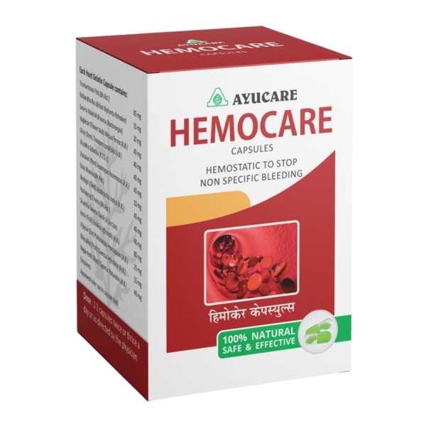Pack size : 30 cap , 100 capBrand : AyucareManufacturer : AyucareTo stop non-specific bleeding. Hemostatic for Haemorrhoids. Menorrhagia, Anti Inflammatory, Haematininc, Dysfunctional Ulterine Bleeding, Purpura, Haemophillia and to stop any non-specific bleeding.Owing to a long-term destination for our business, we are occupied in manufacturing and supplying a wide gamut of Hemocare Capsules. Owing to their remarkable features, offered capsules are widely recommended by prominent medical personnel. These capsules are useful to stop non-specific bleeding. In line with the standards of quality, these capsules are processed using modern machines. These capsules are very much cherished among our clients.Features:•Highly effective•Purity•Accurate composition Capsule Ingredients : Amrita & Neemgiri, Bolbadh, Su.Makshik bhasma, Khoonkharaba, Suvarn Gairik, Nagkesar, Amlaki, Shatavari, Nagarmodh, Vijaysar, Mayuphal, Sh.Sphatica, Pushanug and Trunkant Mani Pisti.Dosage : 1-2 Capsules twice or thrice a day or as directed by the physicianPacking : 30 & 100 CapsulesPrice Range : Rs. 90.00 Per Pack ( 30 Capsules)