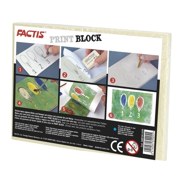 FACTIS PRINT ENGRAVING / CARVING BLOCK - BEIGE -MEDIUM Factis Print Engraving Block – Size - 9 x 12 cm; Thickness – 0.9 CMMade of Synthetic Rubber like materialIdeal for engraving techniques; Perfect for relief techniquesReproductions are printed directly by applying pressure with the hands or with a roller on the surface to be printed on the plateWorks with water-soluble and serigraphic inks, textile and screen-printing inks and ink padsSmooth surfaces easily cut without crumbling;Latex-free block; No phthalates or banned heavy metal used