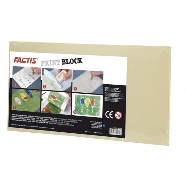 FACTIS PRINT ENGRAVING / CARVING BLOCK - BEIGE - LARGEFactis Print Engraving Block – Size - 14 x 25 cm; Thickness – 0.9 CMMade of Synthetic Rubber like materialIdeal for engraving techniques; Perfect for relief techniquesReproductions are printed directly by applying pressure with the hands or with a roller on the surface to be printed on the plateWorks with water-soluble and serigraphic inks, textile and screen-printing inks and ink padsSmooth surfaces easily cut without crumbling;Latex-free block; No phthalates or banned heavy metal used