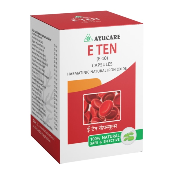 Minimum Order Quantity: 30 PieceBrand : AyucareManufacture : AyucareHaving a definite quality management system, we are regarded as the remarkable firm of an extensive gamut of Ayurvedic Iron E 10 Capsules These capsules are processed under the supervision of our industry-experts by utilizing latest machines. In order to ensure their purity and effectiveness at clients’ end, these capsules are strictly tested and packed in high quality packaging material by our professionals.Each Hard Gelatin Capsule contains:•Loha Fhasma (Rasarrslrit) 15 mg•Prava Pisti (Ayu. SAr.San) 15 mg•Zingiber Officinale (Suntzli) R2 15 mg•Swertia Chirata (Kariatu) Pt 15 mg•Mandur Bhasma (Rastarangini) 25 mg•Boerhavia Diffusa (Punarnava) Rt 30 mg•Asparagus Racemosus (Shatavari) Rt 25 mg•Eclipta Prostrata (Bhringraj) Pt 25 mg•Shukti Bhasma (Ayu. Prakash) 10 mg•Swarna Makshik hasma (Rastarangini) 10 mg•Triphala (R.T.S.-1) 10 mg•Curcuma Longa (Haridra) R2 10 mg•Rheum Emodi (Revand Chini) Rt 10 mg•Saptamrit Loha (Bh.Rat.) 10 mg•Navayas Loha (Bh.Rat.) 05 mg•Dhatri Loha (Bh.Rat.) 05 mg•Piper Longum (Pippali Mool) Rt 05 mg•Ras Sindur (Rastarangini) 2.5 mg•Chosathgrahari pippal (Bh.Rat.; 2.5 mg•Abhrak hasma (Rasatarangini 2.5 mg•Tapyadi Loha (A.Sar.San.) 2.5 mg•Approved colour used in empty capsule shellsDosage: 1-2 Capsules twice ot thrice a day or as directed by the physician.Packing: 30 & 100 CapsulesPrice Range :Rs. 90 .00 Per Pack ( 30 Capsules)