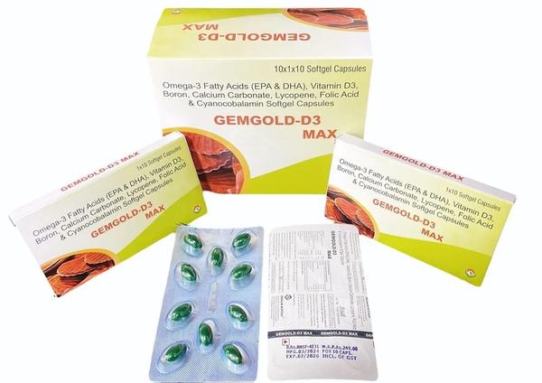 GEMGOLD-D3 MAX is a nutritional supplement containing Omega-3 Fatty Acids (EPA & DHA), Vitamin D3, Boron, Calcium Carbonate, Lycopene, Folic Acid, and Cyanocobalamin (Vitamin B12). It is specially formulated to support bone health, cardiovascular function, brain development, and overall immunity.