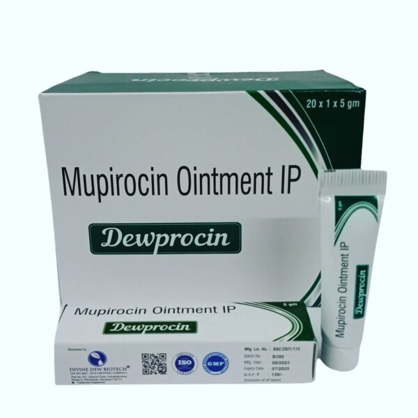 Description:Dewprocin Ointment contains Mupirocin, an antibiotic used for topical (external) application. It works by stopping the growth of bacteria that cause skin infections. It is mainly effective against Staphylococcus aureus and Streptococcus species.