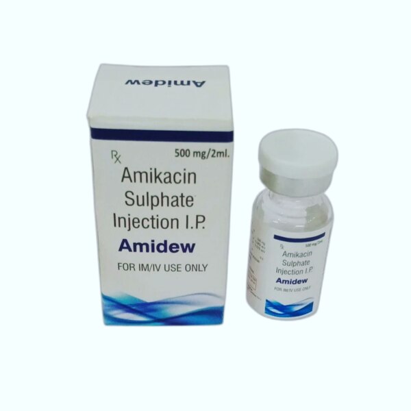 Amidew Injection (Amikacin Sulphate Injection I.P. 500 mg/2 ml) is a prescription antibiotic used for the treatment of severe bacterial infections. It belongs to the aminoglycoside group of antibiotics and works by stopping the growth of bacteria. This injection is given either through intramuscular (IM) or intravenous (IV) route under medical supervision. It is commonly used in infections of the lungs, urinary tract, skin, bones, joints, abdomen, and blood.
