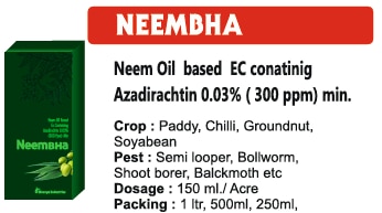 :🌿 Bhavya Industries Indore – NEEMBHAPrakriti ki Shakti, Fasal ki RakshaAt Bhavya Industries Indore, we believe in blending nature with science to create safe and sustainable crop protection. To provide farmers with an eco-friendly, natural, and effective solution against harmful pests, we proudly present:NEEMBHA (Azadirachtin 0.03% (300 PPM) Min)A Neem Oil Based EC formulation that works as a natural insect growth regulator, repellent, and anti-feedant.✅ Targets: Aphids, Jassids, Thrips, Whiteflies, Caterpillars, Leaf Miners, Bollworms & other sucking/chewing insects.✅ Crops: Cotton, Paddy, Pulses, Oilseeds, Vegetables, Fruits & Plantation crops.✅ Mode of Action: Disrupts insect growth & feeding, repels pests, and minimizes egg-laying.Key Benefits of NEEMBHANatural & Eco-Friendly – derived from neem, safe for environment & humans.Broad Spectrum Protection – effective on both sucking & chewing pests.Safe for Beneficial Insects – preserves natural pollinators and friendly predators.Residue-Free Harvest – ideal for export-oriented and organic farming.CEO’s Message“At Bhavya Industries Indore, we respect nature and the farmer’s trust. NEEMBHA is our step towards sustainable farming – a natural, safe, and effective solution that protects crops without harming the environment. With NEEMBHA, farmers grow with confidence and care for the soil, crops, and future generations.”:🌿 Bhavya Industries Indore – NEEMBHAPrakriti ki Shakti, Fasal ki RakshaAt Bhavya Industries Indore, we believe in blending nature with science to create safe and sustainable crop protection. To provide farmers with an eco-friendly, natural, and effective solution against harmful pests, we proudly present:NEEMBHA (Azadirachtin 0.03% (300 PPM) Min)A Neem Oil Based EC formulation that works as a natural insect growth regulator, repellent, and anti-feedant.✅ Targets: Aphids, Jassids, Thrips, Whiteflies, Caterpillars, Leaf Miners, Bollworms & other sucking/chewing insects.✅ Crops: Cotton, Paddy, Pulses, Oilseeds, Vegetables, Fruits & Plantation crops.✅ Mode of Action: Disrupts insect growth & feeding, repels pests, and minimizes egg-laying.Key Benefits of NEEMBHANatural & Eco-Friendly – derived from neem, safe for environment & humans.Broad Spectrum Protection – effective on both sucking & chewing pests.Safe for Beneficial Insects – preserves natural pollinators and friendly predators.Residue-Free Harvest – ideal for export-oriented and organic farming.CEO’s Message“At Bhavya Industries Indore, we respect nature and the farmer’s trust. NEEMBHA is our step towards sustainable farming – a natural, safe, and effective solution that protects crops without harming the environment. With NEEMBHA, farmers grow with confidence and care for the soil, crops, and future generations.”🌿 भाव्या इंडस्ट्रीज इंदौर - नीमभाप्रकृति की शक्ति, फसल की रक्षाभाव्या इंडस्ट्रीज इंदौर में, हम सुरक्षित और टिकाऊ फसल संरक्षण बनाने के लिए प्रकृति को विज्ञान के साथ मिलाने में विश्वास करते हैं। किसानों को हानिकारक कीटों के ख़िलाफ़ पर्यावरण के अनुकूल, प्राकृतिक और प्रभावी समाधान प्रदान करने के लिए, हम गर्व से प्रस्तुत करते हैं:नीमभा (अजादिराक्टिन 0.03% (300 पीपीएम) न्यूनतम)एक नीम तेल आधारित ईसी फॉर्मूलेशन जो एक प्राकृतिक कीट वृद्धि नियामक, विकर्षक और एंटी-फीडेंट के रूप में काम करता है।✅ लक्ष्य: एफिड्स, जैसिड्स, थ्रिप्स, व्हाइटफ्लीज़, कैटरपिलर, लीफ़ माइनर्स, बोलवॉर्म और अन्य चूसने/चबाने वाले कीड़े।✅ फसलें: कपास, धान, दालें, तिलहन, सब्जियां, फल और वृक्षारोपण फसलें।✅ कार्रवाई का तरीक़ा: कीट के विकास और भोजन को बाधित करता है, कीटों को पीछे हटाता है, और अंडे देने को कम करता है।नीमभा के प्रमुख लाभप्राकृतिक और पर्यावरण के अनुकूल - नीम से प्राप्त, पर्यावरण और मनुष्यों के लिए सुरक्षित।ब्रॉड स्पेक्ट्रम सुरक्षा - चूसने और चबाने वाले कीटों दोनों पर प्रभावी।लाभकारी कीड़ों के लिए सुरक्षित - प्राकृतिक परागणकों और अनुकूल शिकारियों को संरक्षित करता है।अवशेष-मुक्त फसल - निर्यात-उन्मुख और जैविक खेती के लिए आदर्श।सीईओ का संदेश“भव्या इंडस्ट्रीज इंदौर में, हम प्रकृति और किसान के विश्वास का सम्मान करते हैं। नीमभा टिकाऊ खेती की ओर हमारा कदम है - एक प्राकृतिक, सुरक्षित और प्रभावी समाधान जो पर्यावरण को नुक़सान पहुंचाए बिना फसलों की रक्षा करता है। नीमभा के साथ, किसान मिट्टी, फसलों और भविष्य की पीढ़ियों के लिए आत्मविश्वास और देखभाल के साथ बढ़ते हैं।🌿 भाव्या इंडस्ट्रीज इंदौर - नीमभाप्रकृति की शक्ति, फसल की रक्षाभाव्या इंडस्ट्रीज इंदौर में, हम सुरक्षित और टिकाऊ फसल संरक्षण बनाने के लिए प्रकृति को विज्ञान के साथ मिलाने में विश्वास करते हैं। किसानों को हानिकारक कीटों के ख़िलाफ़ पर्यावरण के अनुकूल, प्राकृतिक और प्रभावी समाधान प्रदान करने के लिए, हम गर्व से प्रस्तुत करते हैं:नीमभा (अजादिराक्टिन 0.03% (300 पीपीएम) न्यूनतम)एक नीम तेल आधारित ईसी फॉर्मूलेशन जो एक प्राकृतिक कीट वृद्धि नियामक, विकर्षक और एंटी-फीडेंट के रूप में काम करता है।✅ लक्ष्य: एफिड्स, जैसिड्स, थ्रिप्स, व्हाइटफ्लीज़, कैटरपिलर, लीफ़ माइनर्स, बोलवॉर्म और अन्य चूसने/चबाने वाले कीड़े।✅ फसलें: कपास, धान, दालें, तिलहन, सब्जियां, फल और वृक्षारोपण फसलें।✅ कार्रवाई का तरीक़ा: कीट के विकास और भोजन को बाधित करता है, कीटों को पीछे हटाता है, और अंडे देने को कम करता है।नीमभा के प्रमुख लाभप्राकृतिक और पर्यावरण के अनुकूल - नीम से प्राप्त, पर्यावरण और मनुष्यों के लिए सुरक्षित।ब्रॉड स्पेक्ट्रम सुरक्षा - चूसने और चबाने वाले कीटों दोनों पर प्रभावी।लाभकारी कीड़ों के लिए सुरक्षित - प्राकृतिक परागणकों और अनुकूल शिकारियों को संरक्षित करता है।अवशेष-मुक्त फसल - निर्यात-उन्मुख और जैविक खेती के लिए आदर्श।सीईओ का संदेश”भव्या इंडस्ट्रीज इंदौर में, हम प्रकृति और किसान के विश्वास का सम्मान करते हैं। नीमभा टिकाऊ खेती की ओर हमारा कदम है - एक प्राकृतिक, सुरक्षित और प्रभावी समाधान जो पर्यावरण को नुक़सान पहुंचाए बिना फसलों की रक्षा करता है। नीमभा के साथ, किसान विश्वास के साथ बढ़ते हैं और मिट्टी, फसलों और भविष्य की पीढ़ियों की देखभाल करते हैं।