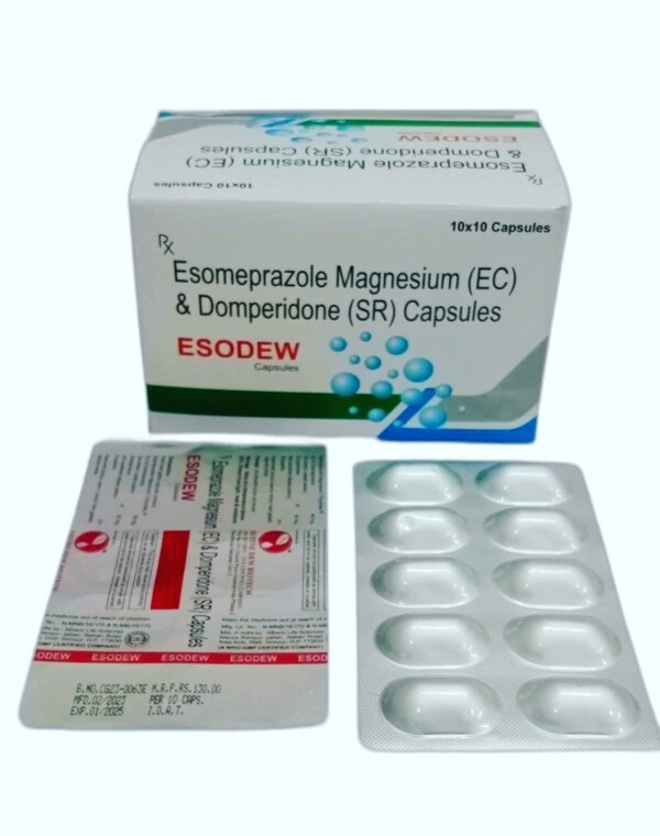 ESODEW Capsules contain Esomeprazole Magnesium (EC) and Domperidone (SR). This combination is used to treat acidity, heartburn, gastroesophageal reflux disease (GERD), indigestion, nausea, and vomiting. Esomeprazole reduces excess stomach acid, while Domperidone improves stomach movement and prevents acid reflux. It provides quick and effective relief from gastric discomfort and related symptoms.