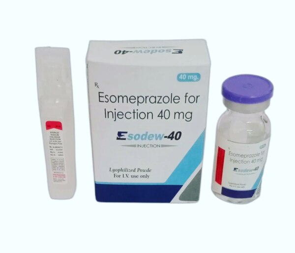 Esodew-40 Injection contains Esomeprazole 40 mg, a proton pump inhibitor (PPI) used to reduce stomach acid production. It is available as a lyophilized powder for intravenous (IV) use. This injection is mainly prescribed for patients who cannot take oral medication and require quick relief from acid-related conditions.