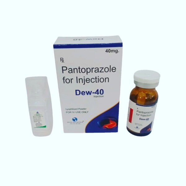 Pantoprazole for Injection (brand name Dew-40) is a proton pump inhibitor (PPI) used to reduce the amount of acid produced in the stomach. It is available as a lyophilized powder for intravenous (IV) administration. This formulation is prescribed for patients who cannot take oral medication.