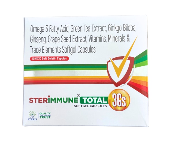 STERIMMUNE TOTAL is a scientifically formulated dietary supplement designed to strengthen immunity and promote overall well-being. It combines the goodness of Omega-3 Marine Triglycerides, Green Tea Extract, Ginkgo Dry Extract, Ginseng Dry Extract, Grape Seed Extract, along with a balanced blend of antioxidants, vitamins, minerals, and trace elements. Each carefully selected ingredient works in harmony to provide comprehensive health benefits, making STERIMMUNE TOTAL a trusted choice for boosting immunity, energy, and vitality.Key Benefits of STERIMMUNE TOTAL✅ Immune Strength – Helps the body fight infections and build stronger resistance.✅ Heart & Cardiovascular Care – Supports healthy cholesterol levels and blood pressure.✅ Brain & Cognitive Support – Improves memory, concentration, and focus.✅ Powerful Antioxidant Action – Protects cells from oxidative stress and free radical damage.✅ Energy & Vitality Boost – Reduces fatigue and increases daily energy levels.✅ Stress Management – Aids in reducing stress and improving emotional balance.✅ Overall Wellness – Ensures daily nutritional support for complete health.How STERIMMUNE TOTAL WorksThe unique formulation of STERIMMUNE TOTAL works through a synergistic approach:Omega-3 Marine Triglycerides – Improve heart and brain health.Green Tea & Grape Seed Extracts – Deliver powerful antioxidant protection.Ginkgo Dry Extract – Enhances cognitive performance and mental alertness.Ginseng Dry Extract – Helps combat stress and supports energy metabolism.Vitamins, Minerals & Trace Elements – Ensure complete nutritional balance for optimal body function.Together, these nutrients provide a 360° approach to maintaining immunity, energy, and overall well-being.Directions for UseTake 1 capsule daily with food, or as advised by your healthcare professional.For best results, take it at the same time each day.Do not exceed the recommended dosage.Possible Side EffectsSTERIMMUNE TOTAL is usually well-tolerated. However, in rare cases, some individuals may experience:Mild nauseaHeadacheStomach discomfortAllergic reactions (rare)If any adverse effects occur, stop usage and consult your doctor.✨ For more details about STERIMMUNE TOTAL.