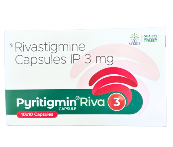 PYRITIGMIN RIVA 3Rivastigmine Capsules IP 3 mgPyritigmin Riva 3 is a trusted and effective formulation containing Rivastigmine Capsules IP 3 mg, designed to support patients suffering from cognitive decline associated with Alzheimer’s disease and Parkinson’s disease dementia. Manufactured with precision and care by Steris Healthcare, this medication belongs to the class of cholinesterase inhibitors and works by improving communication between nerve cells in the brain.Alzheimer’s disease and Parkinson’s disease dementia are progressive neurological conditions that impair memory, thinking, and overall cognitive function. While there is currently no cure, Pyritigmin Riva 3 offers symptomatic relief by enhancing mental clarity, reducing memory loss, and helping patients maintain daily functional independence for longer.CompositionActive Ingredient: Rivastigmine Capsules IP 3 mgBrand Name: Pyritigmin Riva 3Formulation: Hard gelatin capsulesUses of Rivastigmine Capsules (Pyritigmin Riva 3)Alzheimer’s Disease: Helps reduce memory loss, confusion, and cognitive decline.Parkinson’s Disease Dementia: Improves focus, alertness, and reduces confusion.Mild to Moderate Dementia: Enhances daily living activities and maintains patient independence.Cognitive Function Support: Improves learning ability and attention span.How Does Pyritigmin Riva 3 Work?Rivastigmine, the main component of Pyritigmin Riva 3, works as a cholinesterase inhibitor. It blocks the enzymes acetylcholinesterase and butyrylcholinesterase, which break down acetylcholine—a neurotransmitter essential for memory and learning. By preventing its breakdown, Rivastigmine increases acetylcholine levels in the brain, thereby improving nerve cell communication.This mechanism slows the worsening of symptoms, giving patients more time to maintain their mental functions and quality of life.Dosage and AdministrationTypical Dose: One capsule of Pyritigmin Riva 3 (Rivastigmine 3 mg) twice daily with food, or as directed by your doctor.Titration: The dose may be adjusted gradually depending on tolerance and effectiveness.Administration:Swallow the capsule whole with a glass of water.Do not crush or chew.Take at the same time each day to maintain stable drug levels.Key Benefits of Pyritigmin Riva 3Improves Memory Retention – Enhances recall ability and reduces forgetfulness.Slows Symptom Progression – Delays worsening of dementia symptoms.Supports Daily Activities – Helps patients maintain independence in dressing, eating, and communication.Dual Action in Dementia – Effective in both Alzheimer’s disease and Parkinson’s-related dementia.Well-Tolerated Formulation – Designed for safe, effective long-term use.Possible Side EffectsLike all medications, Pyritigmin Riva 3 may cause side effects in some individuals.Common Side Effects:NauseaVomitingLoss of appetiteDizzinessStomach painDiarrheaSerious Side Effects (rare):Severe weight lossFainting or irregular heartbeatSeizuresSevere allergic reaction (rash, swelling, breathing difficulty)Precautions and WarningsInform your doctor if you have a history of heart problems, asthma, peptic ulcers, or seizures.Use with caution in patients with low body weight.Avoid alcohol, as it may worsen side effects.Not recommended during pregnancy or breastfeeding unless prescribed by a doctor.Should be used only under strict medical supervision.Drug InteractionsRivastigmine may interact with:Other cholinergic drugs (donepezil, galantamine) – risk of side effects increases.Anticholinergic drugs – reduced effectiveness.Beta-blockers – may increase risk of slow heart rate.NSAIDs (like ibuprofen, aspirin) – may increase stomach irritation risk.Always inform your healthcare provider about all medications you are taking.Why Choose Steris Healthcare for Pyritigmin Riva 3?Steris Healthcare is a leading pharmaceutical company recognized for its commitment to quality, safety, and affordability. By choosing Pyritigmin Riva 3, patients and caregivers can trust:WHO-GMP Certified Manufacturing – Assuring international quality standards.Stringent Quality Control – Every batch is tested for safety and efficacy.Affordable Pricing – Making dementia care accessible for all patients.Pan-India Distribution – Easy availability across pharmacies and hospitals.Patient-Centric Approach – Focused on improving patient outcomes and quality of life.Steris Healthcare ensures that Pyritigmin Riva 3 (Rivastigmine Capsules IP 3 mg) is a reliable, safe, and effective solution for managing dementia-related symptoms.