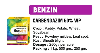 🌾 Bhavya Industries Indore – BENZINRogon par Vishwas, Fasal mein Behtareen SurakshaAt Bhavya Industries Indore, our mission is to stand by farmers with proven, effective, and trusted crop protection solutions. For controlling stubborn fungal diseases and ensuring healthy plant growth, we proudly present:BENZIN (Carbendazim 50% WP)A systemic fungicide that offers deep, curative action against a wide range of fungal infections, helping crops stay strong from root to tip.✅ Crops: Wheat, Paddy, Grapes, Fruits, Vegetables, Pulses & Oilseeds.✅ Targets Diseases: Blast, Wilt, Rust, Leaf Spot, Anthracnose, Stem Rot & more.✅ Mode of Action: Penetrates plant tissues, inhibiting fungal growth and curing infections at their source.Key Benefits of BENZINSystemic Action – reaches deep inside the plant for complete disease control.Curative & Preventive – heals existing infections and prevents new ones.Improves Crop Health – enhances growth, flowering, and fruiting.Boosts Yield & Profit – protects crops from disease-related losses, ensuring better output.CEO’s Message“At Bhavya Industries Indore, we recognize the challenges that fungal diseases bring to farmers. BENZIN is our trusted partner in disease management – offering effective, systemic protection that supports plant health and maximizes harvests. With BENZIN, farmers gain confidence, healthier crops, and greater profitability.🌾 भव्य इंडस्ट्रीज इंदौर - बेन्ज़िनरोगों पर विश्वास, फसल में बेहतर सुरक्षाभव्य इंडस्ट्रीज इंदौर में, हमारा मिशन सिद्ध, प्रभावी और विश्वसनीय फसल सुरक्षा समाधानों के साथ किसानों के साथ खड़ा होना है। जिद्दी फफूंद रोगों को नियंत्रित करने और स्वस्थ पौधों की वृद्धि सुनिश्चित करने के लिए, हम गर्व से प्रस्तुत करते हैं:बेन्ज़िन (कार्बेंडाज़िम 50% WP)एक प्रणालीगत कवकनाशी जो विभिन्न प्रकार के फफूंद संक्रमणों के विरुद्ध गहन, उपचारात्मक क्रिया प्रदान करता है, जिससे फसलों को जड़ से सिरे तक मज़बूत बनाए रखने में मदद मिलती है।✅ फसलें: गेहूँ, धान, अंगूर, फल, सब्जियाँ, दलहन और तिलहन।✅ रोगों को लक्षित करता है: ब्लास्ट, विल्ट, रस्ट, लीफ स्पॉट, एन्थ्रेक्नोज़, स्टेम रॉट और अन्य।✅ क्रियाविधि: पौधों के ऊतकों में प्रवेश करता है, फफूंद वृद्धि को रोकता है और संक्रमण को उनके मूल स्थान पर ही ठीक करता है।बेन्ज़िन के प्रमुख लाभप्रणालीगत क्रिया - रोग नियंत्रण के लिए पौधे के अंदर तक पहुँचती है।रोगनाशक और निवारक - मौजूदा संक्रमणों को ठीक करती है और नए संक्रमणों को रोकती है।फसल के स्वास्थ्य में सुधार - वृद्धि, पुष्पन और फलन को बढ़ाती है।उपज और लाभ में वृद्धि - फसलों को रोग-संबंधी नुकसान से बचाती है, जिससे बेहतर उत्पादन सुनिश्चित होता है।सीईओ का संदेश”भव्य इंडस्ट्रीज इंदौर में, हम किसानों के लिए फफूंद जनित रोगों से उत्पन्न चुनौतियों को समझते हैं। बेन्ज़िन रोग प्रबंधन में हमारा विश्वसनीय भागीदार है - जो प्रभावी, प्रणालीगत सुरक्षा प्रदान करता है जो पौधों के स्वास्थ्य का समर्थन करता है और फसलों की उत्पादकता को बढ़ाता है। बेन्ज़िन के साथ, किसानों को आत्मविश्वास, स्वस्थ फसलें और अधिक लाभप्रदता प्राप्त होती है।