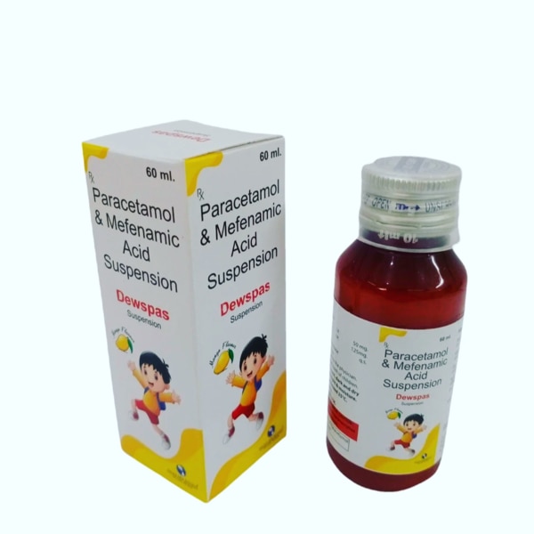 Dewspas Suspension is a combination medicine containing Paracetamol and Mefenamic Acid. It is used for the relief of pain, fever, and inflammation in children and adults. The syrup has a lemon flavor to make it more palatable for children.*Paracetamol: Works as an analgesic and antipyretic, providing relief from pain and reducing fever.*Mefenamic Acid: A non-steroidal anti-inflammatory drug (NSAID) that helps in reducing inflammation, muscle pain, headache, and body pain.