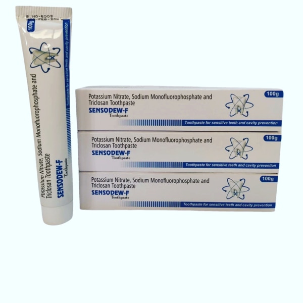 Sensodew-F Toothpaste is a specially formulated medicated toothpaste containing Potassium Nitrate, Sodium Monofluorophosphate, and Triclosan. It helps provide relief from tooth sensitivity, strengthens enamel, prevents cavities, and protects against plaque and bacteria. Designed for daily use, it keeps teeth healthy, strong, and free from sensitivity while ensuring complete oral hygiene.
