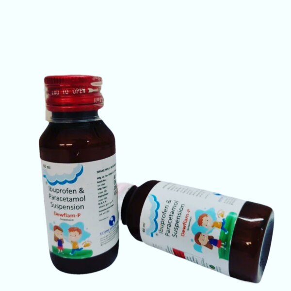 Dewflam-P Suspension is a combination medicine containing Ibuprofen and Paracetamol. It is used for the relief of mild to moderate pain, inflammation, and fever. This suspension is especially suitable for children and provides effective relief in conditions such as headache, toothache, ear pain, sore throat, body ache, and fever associated with cold or flu.
