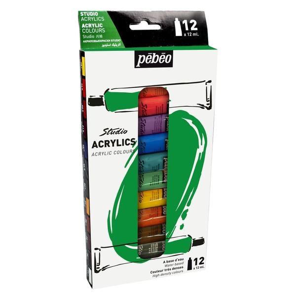 PEBEO STUDIO ACRYLIC HIGH VISCOSITY - BEGINNERS SET OF 12T 12MLPebeo Studio Acrylic are bright richly pigmented colour with satin matt finish at an affordable price. These are vivid and deep and can be adapted for working with the materials on canvas, cardboard, wood, metal etc. It has thick consistency and retains brush or spatula marks. The range consist of 62 colours including 4 metallic colour, 7 Dyna and 3 Fluorescent.Set Contents:12 Tubes x 12 ml - Colours Included:Primary Yellow, Transparent Vermilion, Magenta, Oriental Violet, Primary Cyan, Phthalo green, Hooker's Green, Yellow Ochre, Burnt Sienna, Burnt Umber, Mars Black and Titanium White